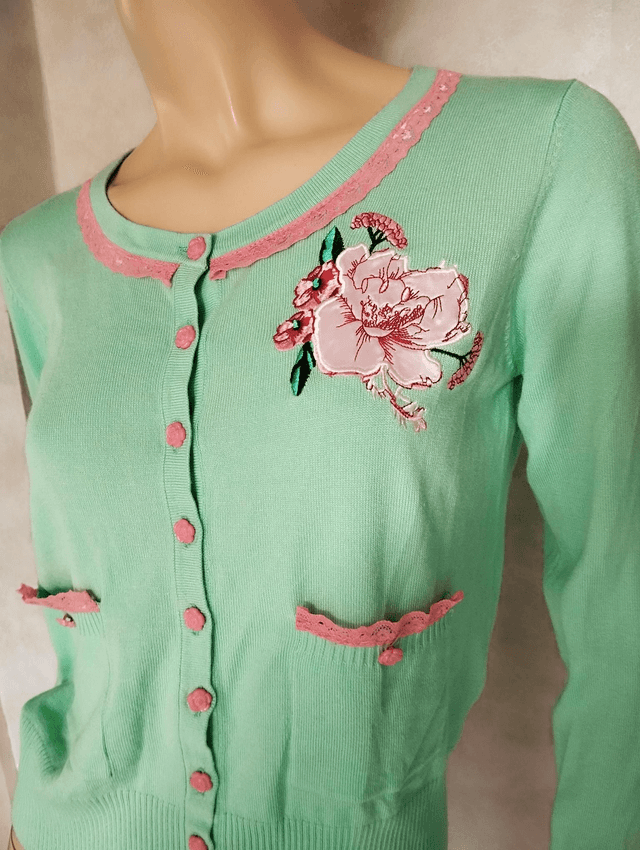 Cardigan Voodoo Vixen Seafoam Mint Green Pink Rose Buttons T42/46