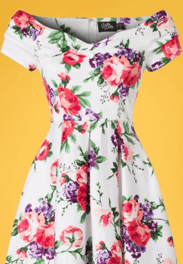 Robe Dolly Dotty Darlene Rétro Floral Swing in White T44