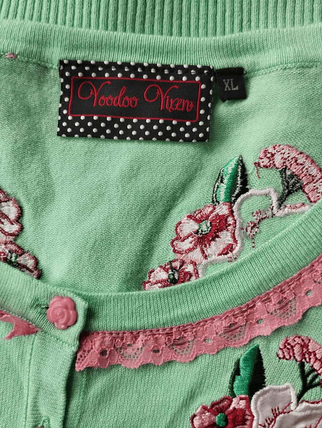 Cardigan Voodoo Vixen Seafoam Mint Green Pink Rose Buttons T42/46