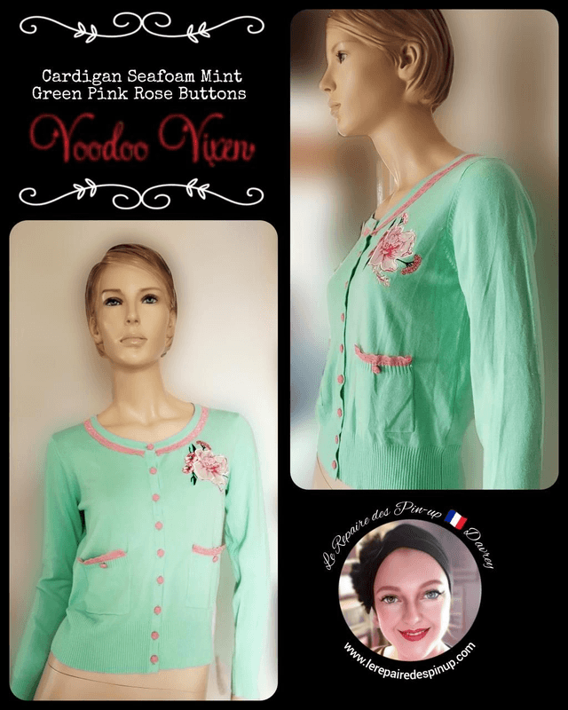 Cardigan Voodoo Vixen Seafoam Mint Green Pink Rose Buttons T42/46